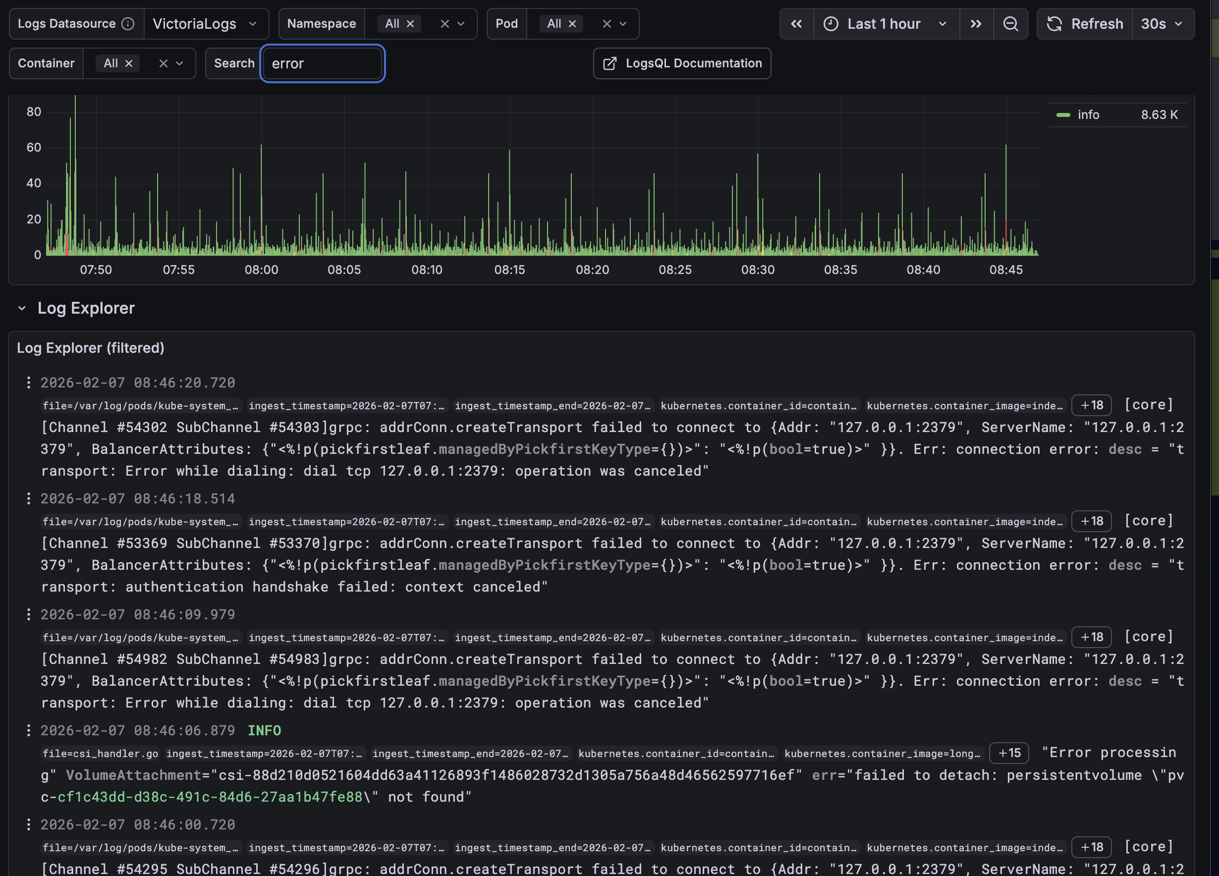 Log Explorer Grafana avec recherche sur les erreurs